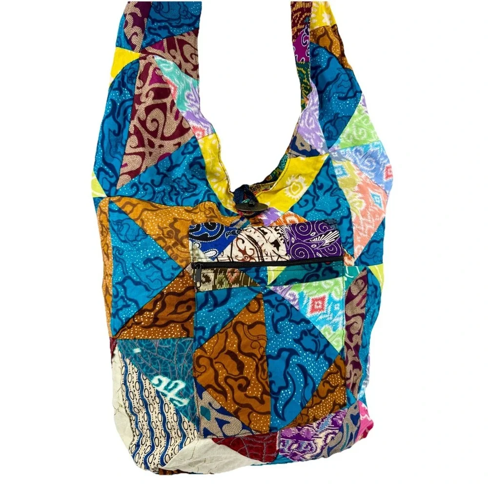 Boho Patchwork Cotton Hobo Sling Shoulder Bag Festival Hippie Slouchy LARGE‎ EUC